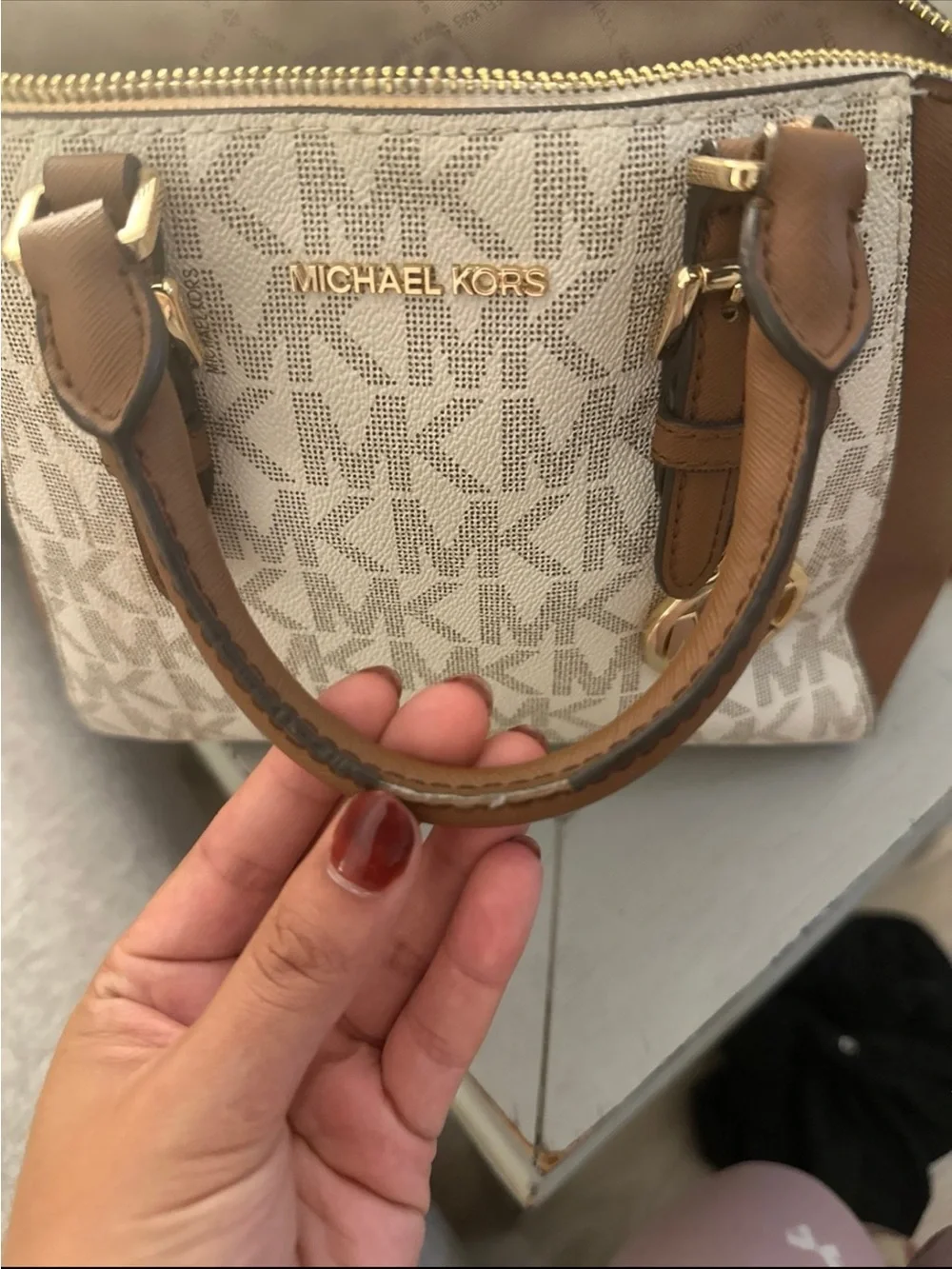 Michael Kors Cream Logo and Brown Leather Satchel